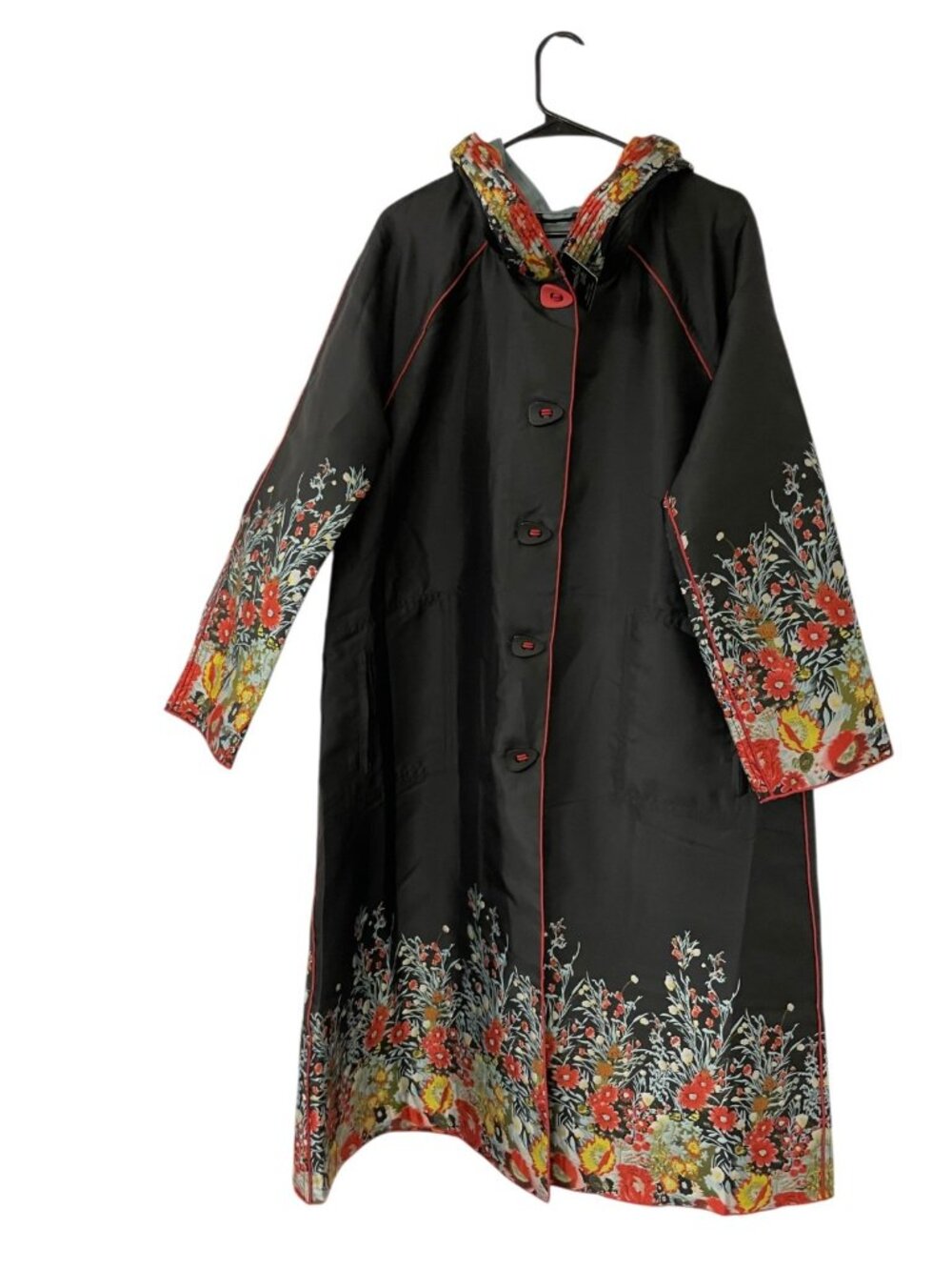 Ubu Womens Reversible Parisian Raincoat Jacket Large Red black Floral Hooded NWT